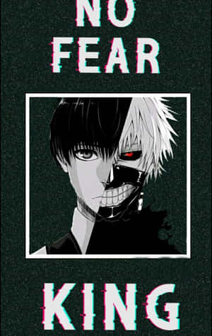 分裂臉和面具的動漫角色，在故障文字「no fear king」下方。