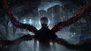 動漫角色，紅色翅膀和發光眼睛，在雪夜城市中。 — 日本龍動畫 壁紙