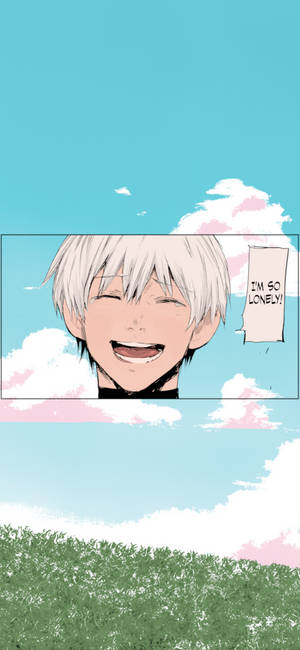 白發動漫男孩笑著，對話框寫著「我好孤獨！」背景是帶有粉紅雲朵的天空。