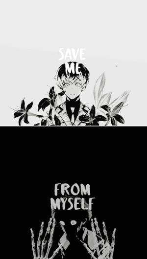 動漫男孩，上方有花，下方有骷髏手，文字「拯救我脫離自己」。