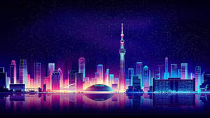 未來城市天際線在夜晚閃爍著霓虹燈光，倒映在水中。