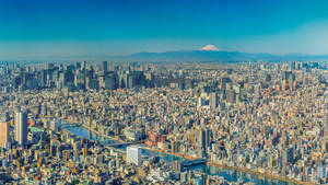 東京天際線，遠處富士山在晴朗的藍天下。