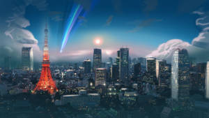 夜晚的東京城市景觀，燈光璀璨的塔樓和天空中發光的光束 — 日本 壁紙