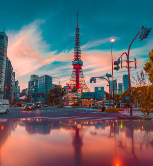 黃昏時分點亮的東京鐵塔，城市燈光倒映在濕漉漉的路面上。 — 日本 壁紙