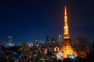 夜晚點亮的東京塔，背景是城市燈光