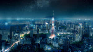 東京塔在夜晚亮起，城市燈光與星星在上方。