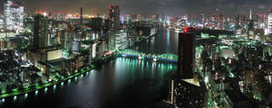 夜晚的東京城市景觀，閃爍的摩天大樓與河上照明橋樑。
