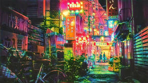 夜晚東京霓虹燈照亮的小巷，有發光的招牌和停放的自行車。