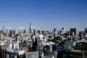 東京城市景觀，東京塔在清澈藍天下從密集建築中聳立。 — 城市 壁紙