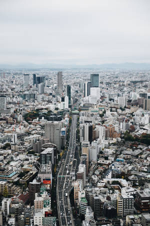 灰色天空下，高樓大廈和繁忙高速公路的密集城市鳥瞰圖。