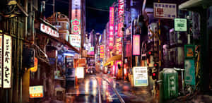 繁華亞洲城市的夜晚，一條被雨水浸濕、霓虹燈閃爍的小巷，發光的招牌和電車軌道。 — 東京 壁紙