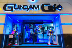 Gundam Cafe入口，機械人雕像和藍色霓虹燈。