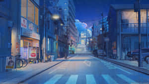 一條寧靜的日本城市街道，夜晚星空下，有發光的招牌和濕漉漉的路面。 — 日本 壁紙