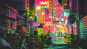 夜晚霓虹燈照亮東京小巷，有發光的招牌和停放的自行車。 — 日本 壁紙