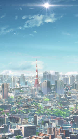 東京天際線，東京塔在明亮的陽光和藍天下。