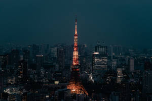 東京塔在夜晚的城市建築中亮起。 — 日本 壁紙