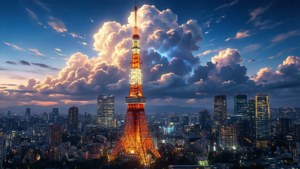 黃昏時分點亮的東京鐵塔，伴隨著城市燈光與多彩雲霞。