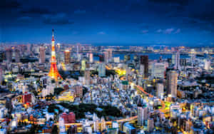 黃昏時分的東京城市景觀，燈火通明的建築物和東京塔在深藍色天空下閃耀。