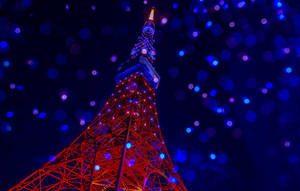 東京塔在夜間以紅色和藍色燈光及散景背景照亮。 — 日本 壁紙