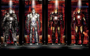 四套 Iron Man 裝甲陳列於玻璃展櫃中，背景為發光紅色。 — 鋼鐵人 壁紙