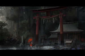 撐著橙色雨傘的人，在黃昏的雨林中走向神社。