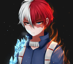 動漫男孩，頭髮半紅半白，被火與冰包圍，背景是黑暗的星空。 — 可愛的轟焦凍 壁紙