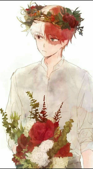 紅髮動漫男孩戴著花冠，拿著一束紅白玫瑰。 — 可愛的轟焦凍 壁紙
