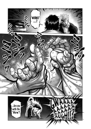 在一個漫畫格中，兩名戰士互相交換強力拳擊，其中一人痛苦地尖叫。