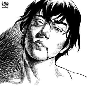 一幅黑白插圖肖像，描繪一個嘴角流血的人。