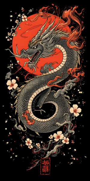一條帶有紅色火焰和櫻花的黑龍在黑色背景上纏繞著紅太陽。 — 日本龍動畫 壁紙