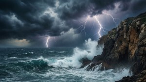 在暴風雨的天空下，閃電劃破天際，海浪拍打岩石懸崖。
