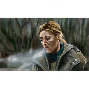 穿著冬季外套的女人在雪地森林中呼出蒸氣