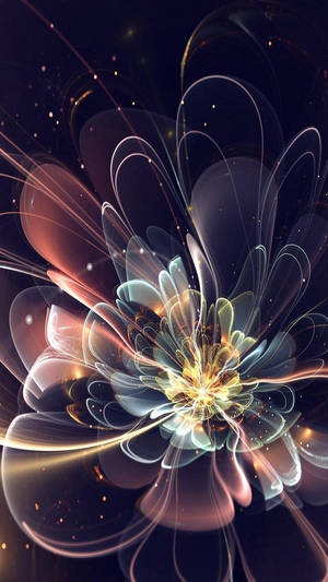 一朵發光的碎形花朵，在黑暗的宇宙背景下散發光芒。