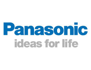 Panasonic 標誌，標語 ideas for life，藍色和灰色，白色背景。