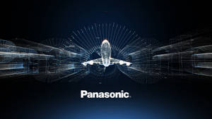 帶有發光藍色線條和 Panasonic 標誌的數位線框未來派飛機。