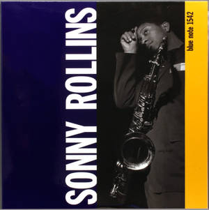 Sonny Rollins 爵士專輯封面，帶有薩克斯風和大膽的藍黃設計 — 猶他爵士 壁紙