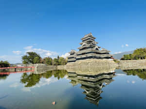 傳統日本城堡在明亮藍天下倒映在靜止的水面上。 — 日本 壁紙