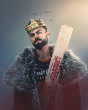 一個戴著王冠的板球運動員穿著毛皮大衣，手持寫有'king is here'的球拍。 — 巴基斯坦板球 壁紙