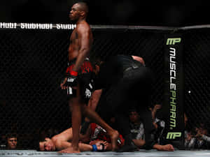 MMA拳手在八角籠中勝利地站在倒下的對手之上