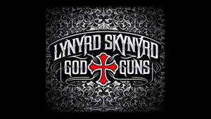 Lynyrd Skynyrd的God and Guns專輯標誌，裝飾背景上帶有紅色十字架。