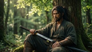 武士戰士在森林中靠著樹木休息，手持武士刀。
