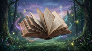 在神秘的森林中漂浮的打開的書，有發光的螢火蟲和星空。