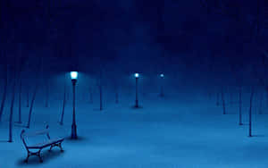 雪地公園長椅在夜晚的發光街燈下，光禿禿的樹木和星星
