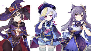 三個穿著紫色奇幻服裝、戴著貓耳和帽子的動漫女孩。
