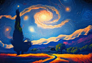 柏樹下田野中蜿蜒小徑上方，旋轉漩渦的星空夜空。 — 抽象藝術 壁紙