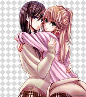 兩個動漫女孩穿著粉彩色粉紅色服裝溫暖地擁抱。 — 可愛動漫女仔 壁紙
