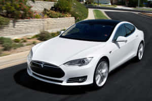 白色Tesla Model S在陽光明媚的郊區街道上行駛。