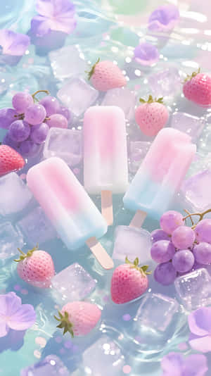Pastel雪條、士多啤梨同提子漂浮喺冰水入面，係一個清爽嘅夏日小食。 — 花卉動畫 壁紙