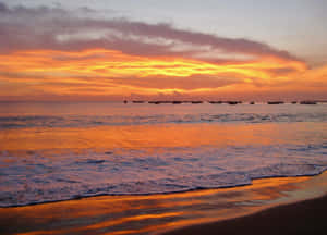 夕陽映照海洋，沙灘上有船隻和輕柔的海浪