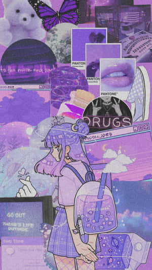 紫色頭髮和背包的動漫女孩，在充滿月亮和蝴蝶圖案的鮮豔數位拼貼畫中。